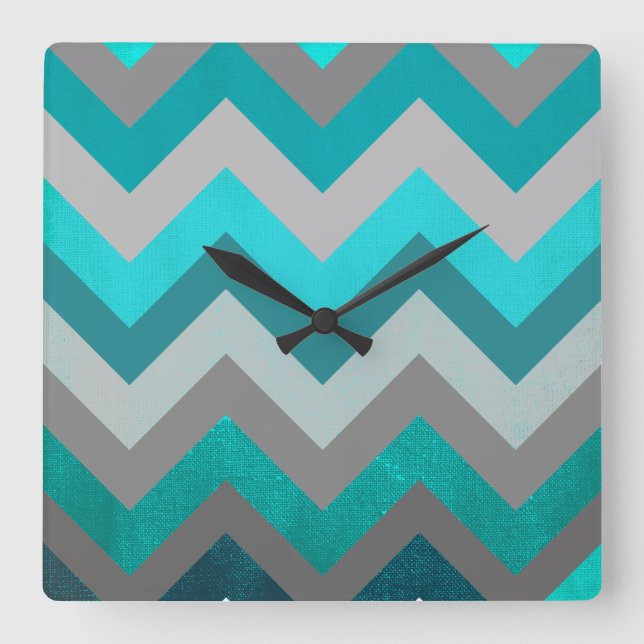 Trendy Girly Grey Teal Chevron Zigzag Pattern Square Wall Clock (Front)