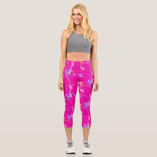 Trendy Girly Hot Pink Colour Floral Arabian Patter Capri Leggings (Front)