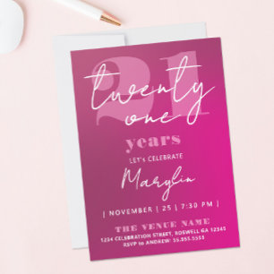 Trendy Girly Hot Pink Purple 21st Twenty One Typo Invitation