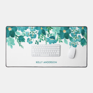 Trendy Girly Monogrammed Watercolor Foliage Desk Mat