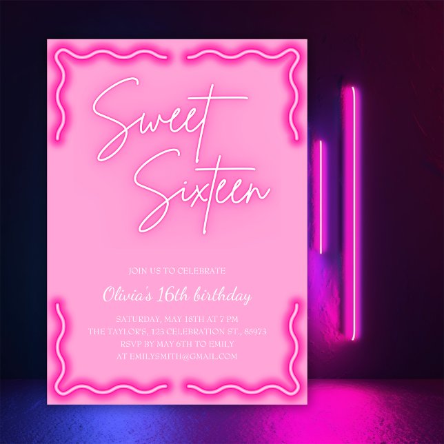 Trendy Girly Neon Pink Sweet 16 Birthday Party Invitation (Creator Uploaded)