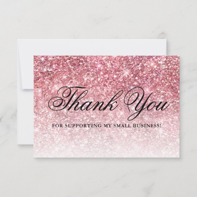 Trendy Girly Pink Glitter Beauty Business Thank You Card (Front)