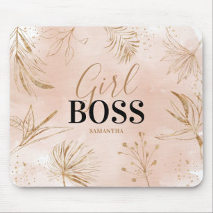 Trendy Girly Pink & Gold Girl Boss Name Mouse Mat
