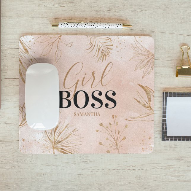 Trendy Girly Pink & Gold Girl Boss Name Mouse Mat (Creator Uploaded)
