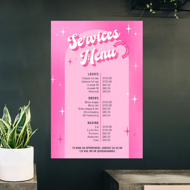 Trendy Girly Pink Groovy Salon Services Price List Poster (Trendy pink aesthetic services menu poster for business; use the digital version on social / website)