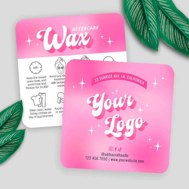 Trendy Girly Pink Groovy Waxing Aftercare Guide Square Business Card (Trendy waxing care cards with icons, featuring girly pink design, care icons & retro fonts)