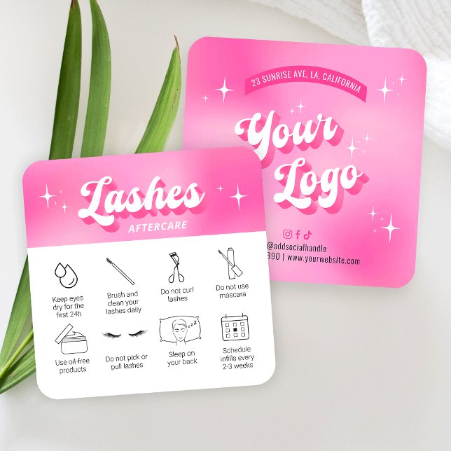 Trendy Girly Pink Lash Extensions Aftercare Cards (Trendy lash extensions care cards with icons, featuring girly pink design, care icons & retro fonts)