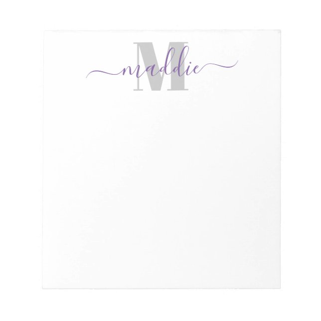 Trendy Girly Script Monogram, Purple and Grey Notepad (Front)