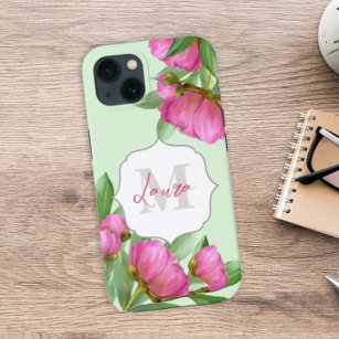 Trendy Girly Vintage Floral Peony Monogrammed Case-Mate iPhone Case