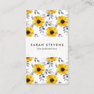 Trendy Girly Yellow Flowers Pattern Business Card