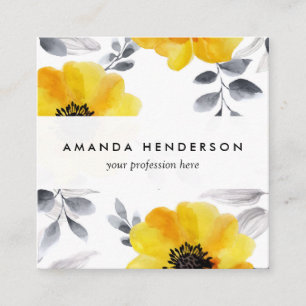 Trendy Girly Yellow Flowers Pattern Square Business Card