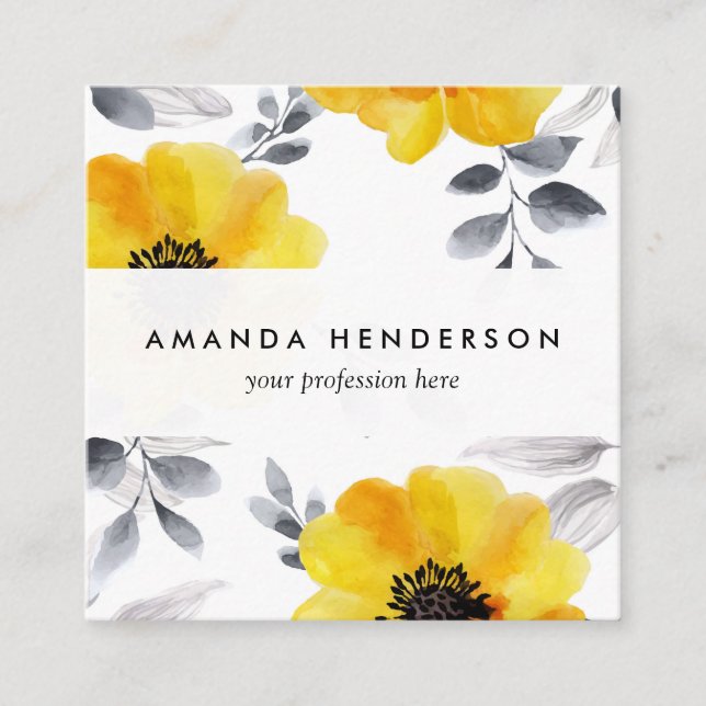 Trendy Girly Yellow Flowers Pattern Square Business Card (Front)