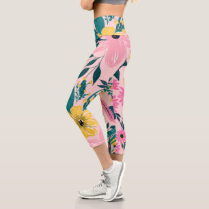 Trendy Girly Yellow Hand Paint Floral Design Capri Leggings