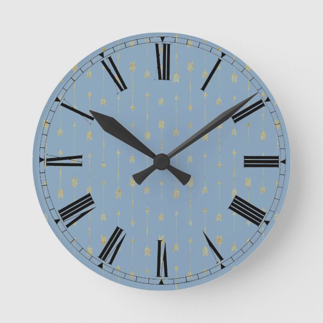 Trendy Glacier Blue & Gold Boho Arrows   Round Clock (Front)