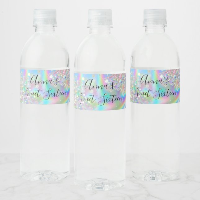 Trendy Glam Faux Holographic Rainbow Sweet 16 Water Bottle Label (Bottles)