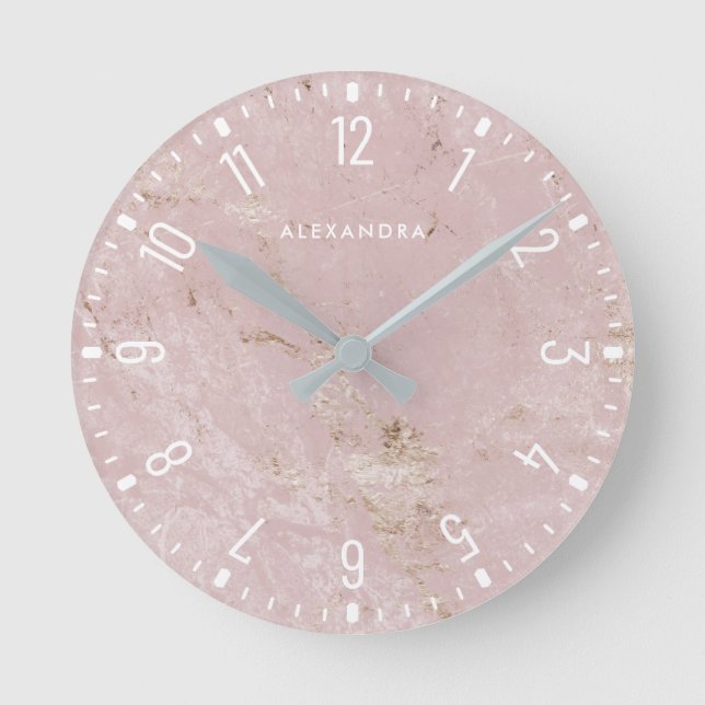 Trendy Glam Faux Rose Gold Look and White Marble Round Clock (Front)