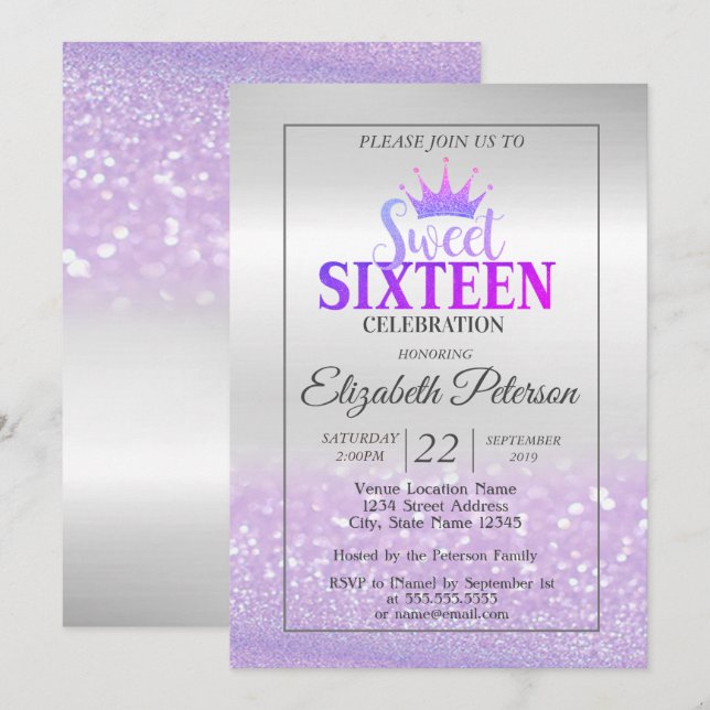 Trendy  Glitter Bokeh Ombre,Tiara,Sweet 16 Party Invitation (Front/Back)