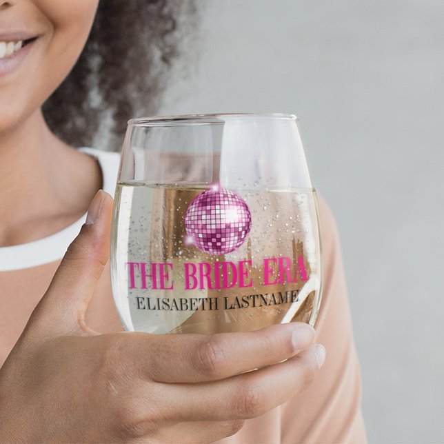 Trendy Glitter Disco Bride Era Bachelorette Party Stemless Wine Glass (Creator Uploaded)