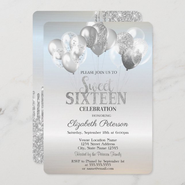 Trendy Glitter Drips Balloons Silver Sweet 16   Invitation (Front/Back)