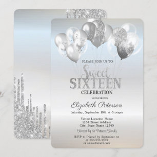 Trendy Glitter Drips Balloons Silver Sweet 16   Invitation