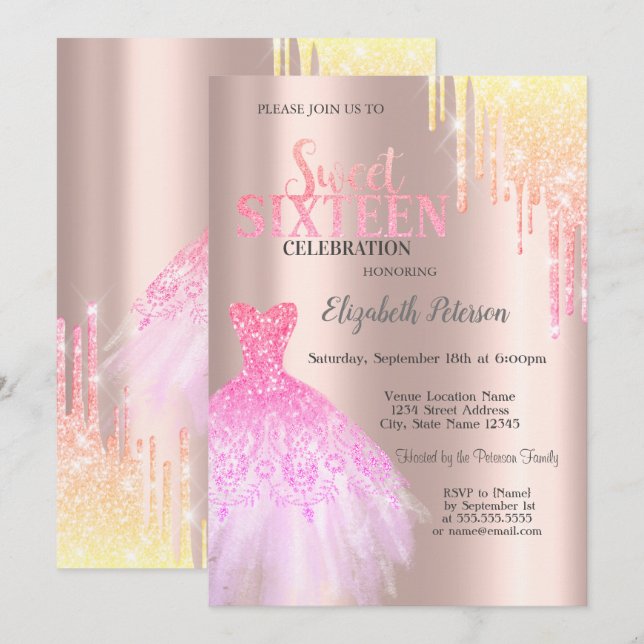 Trendy Glitter Drips,Dress Rose Gold Sweet 16 Invitation (Front/Back)