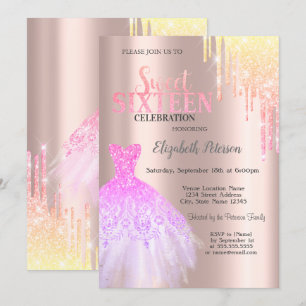 Trendy Glitter Drips,Dress Rose Gold Sweet 16 Invitation