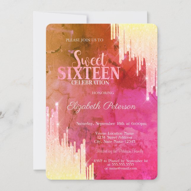 Trendy Glitter Drips Ombre Sweet 16 Invitation (Front)
