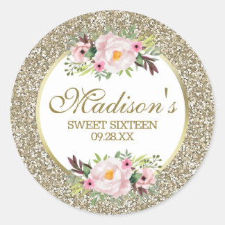 Trendy Glitter Gold Floral Sweet 16 Classic Round Sticker