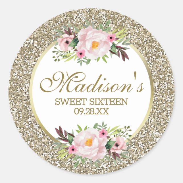 Trendy Glitter Gold Floral Sweet 16 Classic Round Sticker (Front)