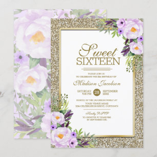 Trendy Glitter Gold Floral Sweet 16 Party Invitation