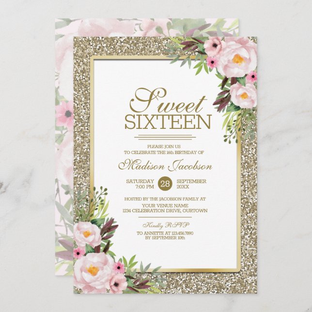 Trendy Glitter Gold Floral Sweet 16 Party Invitation (Front/Back)
