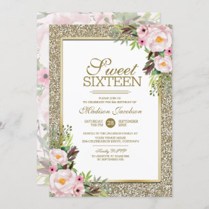 Trendy Glitter Gold Floral Sweet 16 Party Invitation