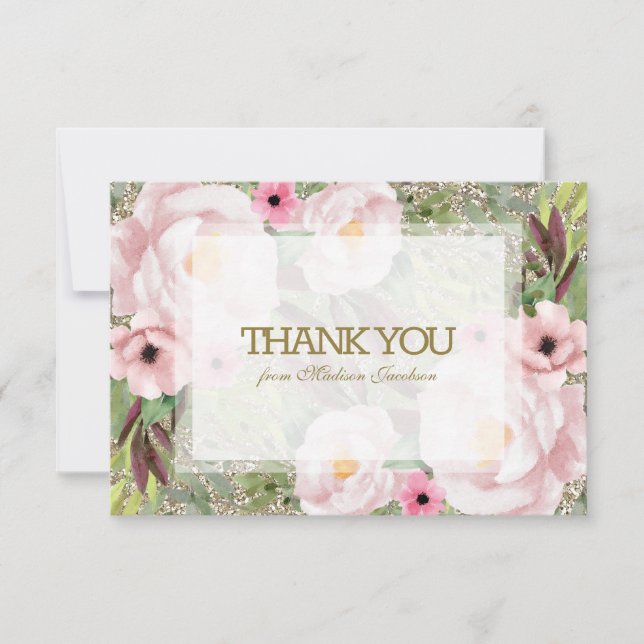 Trendy Glitter Gold Floral Sweet 16 Thank You Card (Front)