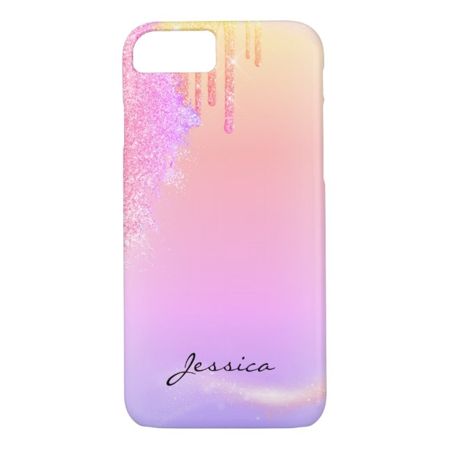 Trendy Glitter Holographic pink drips custom name Case-Mate iPhone Case (Back)