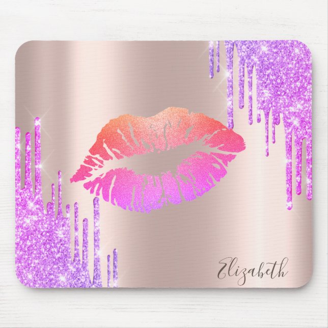 Trendy Glitter Lips Rose Gold Glitter Drips Mouse Mat (Front)