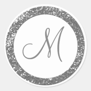 Trendy Glitter Monogram Stickers:Silver Grey Classic Round Sticker