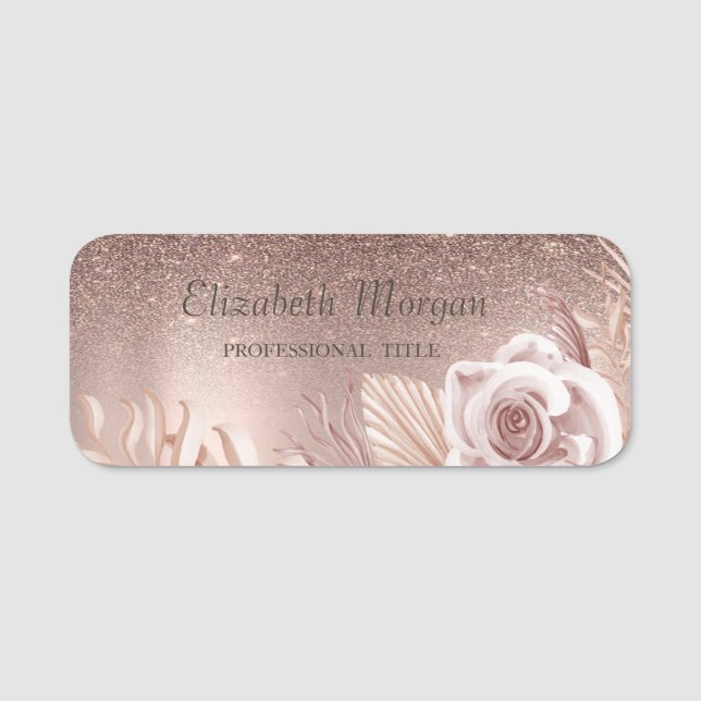 Trendy Glitter Ombre,Flower,Rose Gold Name Tag (Front)