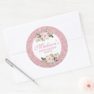 Trendy Glitter Pink Floral Sweet 16 Classic Round Sticker