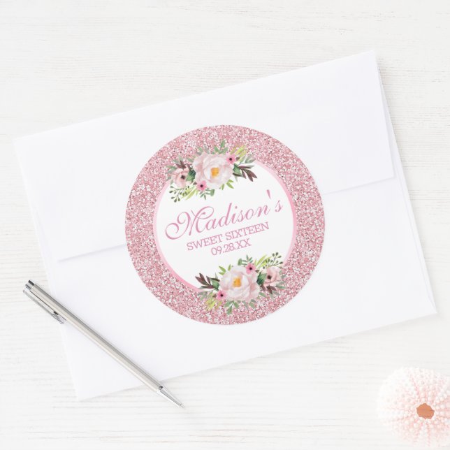 Trendy Glitter Pink Floral Sweet 16 Classic Round Sticker (Envelope)