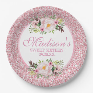 Trendy Glitter Pink Floral Sweet 16 Paper Plate