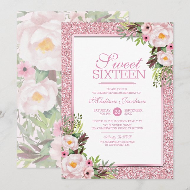 Trendy Glitter Pink Floral Sweet 16 Party Invitation (Front/Back)