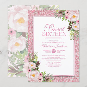 Trendy Glitter Pink Floral Sweet 16 Party Invitation