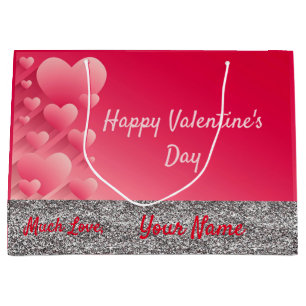 Trendy Glitter Pink Hearts Valentine Name Gift Bag