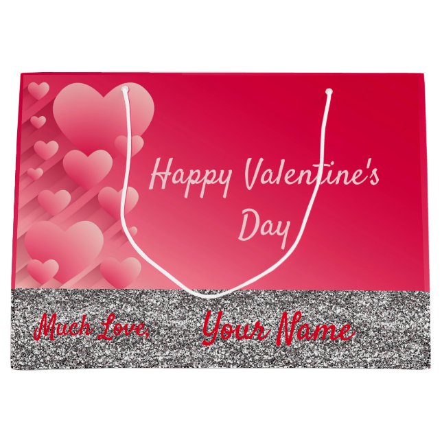 Trendy Glitter Pink Hearts Valentine Name Gift Bag (Front)