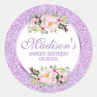 Trendy Glitter Purple Floral Sweet 16 Classic Round Sticker
