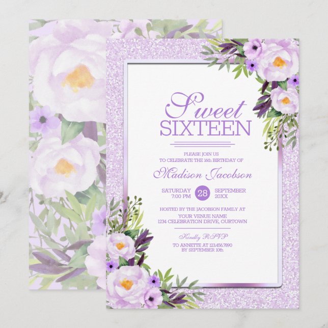 Trendy Glitter Purple Floral Sweet 16 Party Invitation (Front/Back)