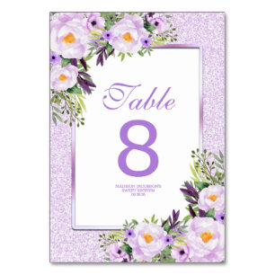 Trendy Glitter Purple Floral Sweet 16 Table Number