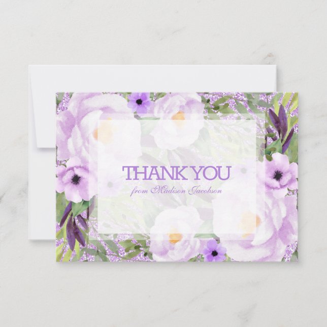 Trendy Glitter Purple Floral Sweet 16 Thank You (Front)