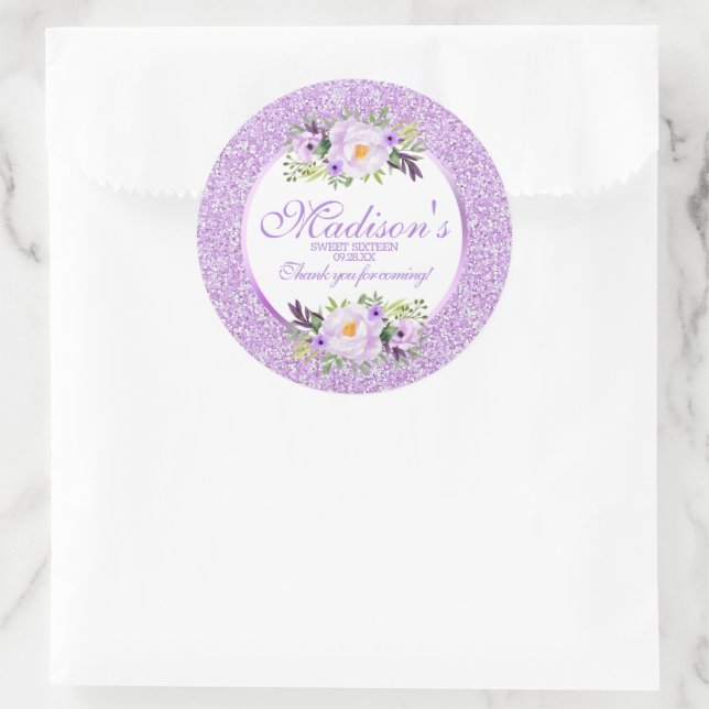 Trendy Glitter Purple Floral Sweet 16 Thank You Classic Round Sticker (Bag)