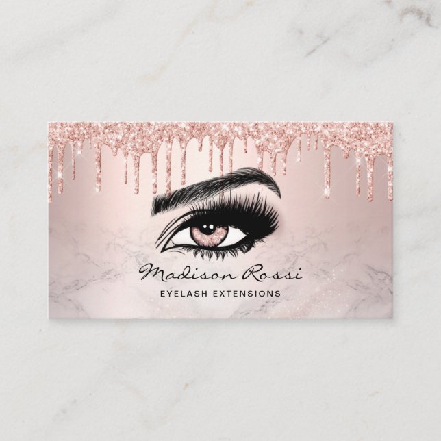 Trendy Glitter Rose gold drips Lashes marble Business Card (Front)